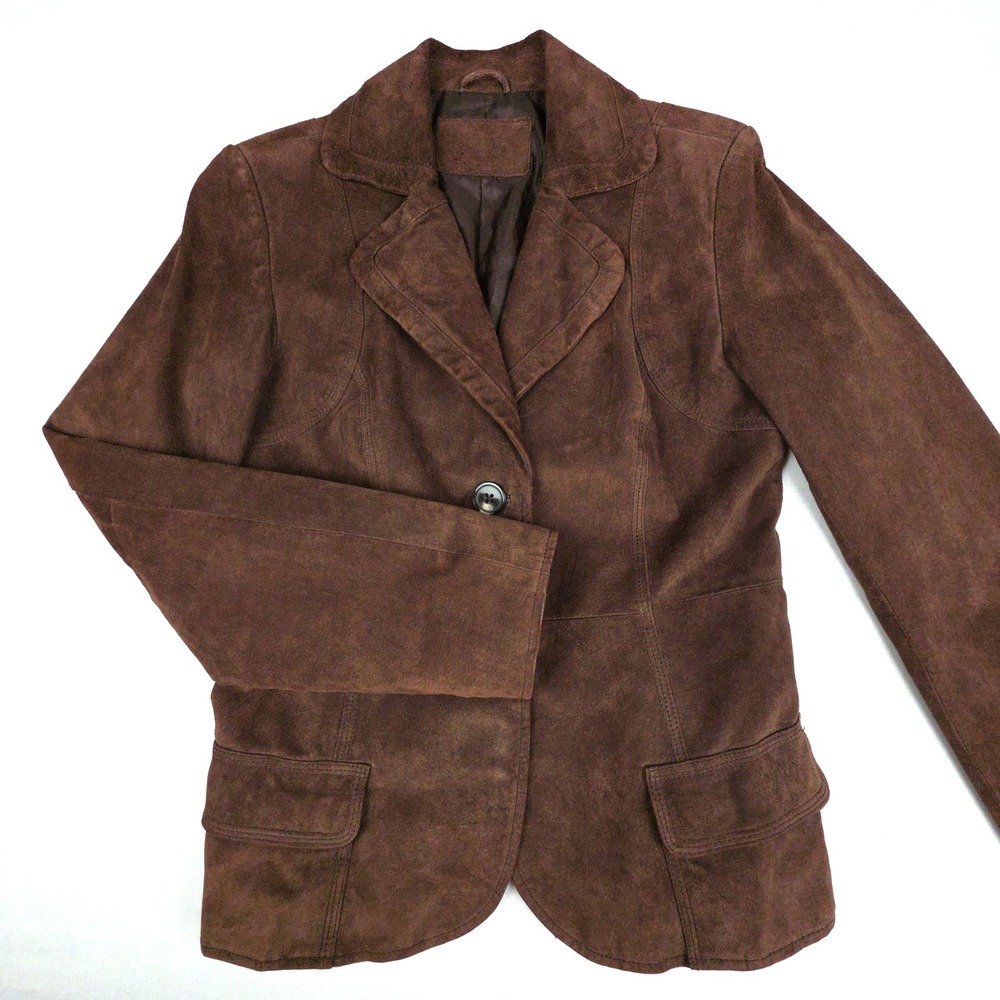 Genuine Leather Suede Blazer Women Brown Two Button Flap Pockets Lined